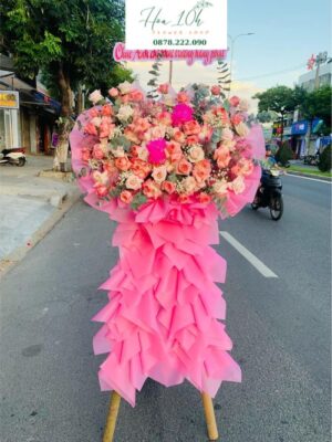 Kệ hoa khai trương Phú Quý An Khang tông màu hồng.Shop Hoa Khai Trương Rẻ Đẹp