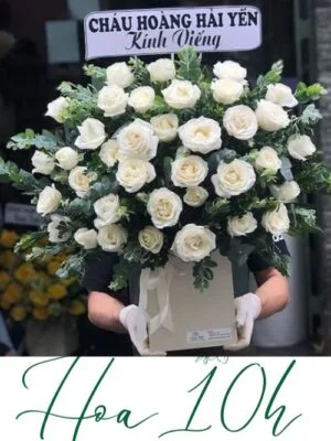 Lẵng hoa viếng đám tang để bàn, hoa hồng trắng tinh khiết