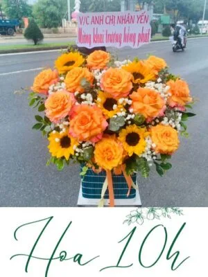 Lẵng hoa tươi để bàn hướng dương mix hồng chúc mừng khai trương