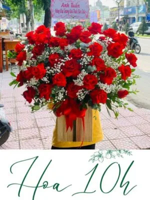 Giỏ hoa tươi để bàn tông đỏ tặng khai trương, sinh nhật.