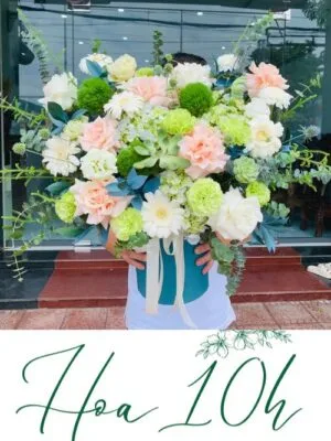 Giỏ hoa để bàn sang trọng tông màu xanh lá