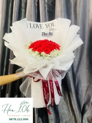 Bó hoa sáp thơm hồng đỏ mix hoa babi trắng