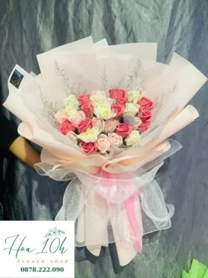 Bó hoa sáp thơm mix màu hồng dâu, hồng kem