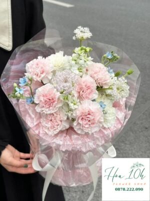 Bó Hoa Cẩm Chướng Hồng, thủy tiên, sao xanh.