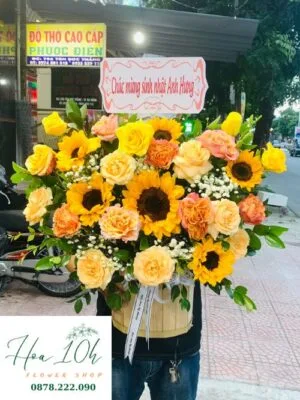 Lẵng hoa hướng dương mix hồng đẹp rẻ tại đà nẵng