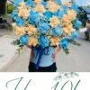 Lẵng hoa để bàn tông xanh dương, cam.