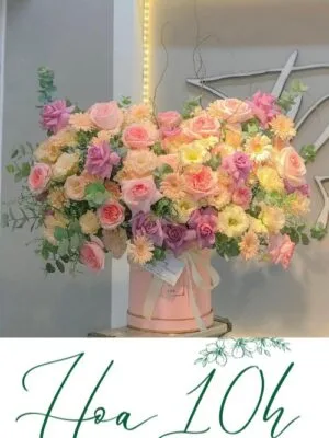 Giỏ hoa tím hồng lãng mạn