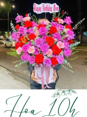 Lẵng hoa hồng tím mix đỏ chúc mừng sinh nhật mẹ, vợ