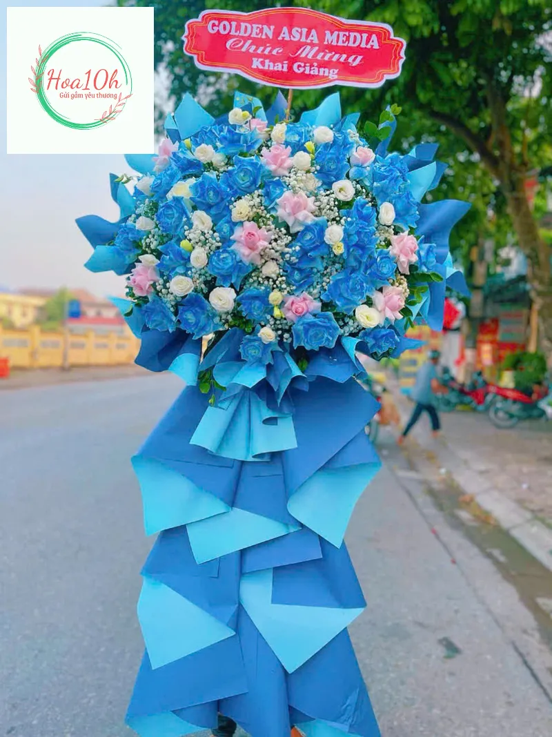 Lẵng hoa khai trương đẹp tone xanh dương